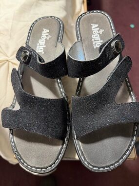 Alegria Black Glitter Adjustable Slide Sandals